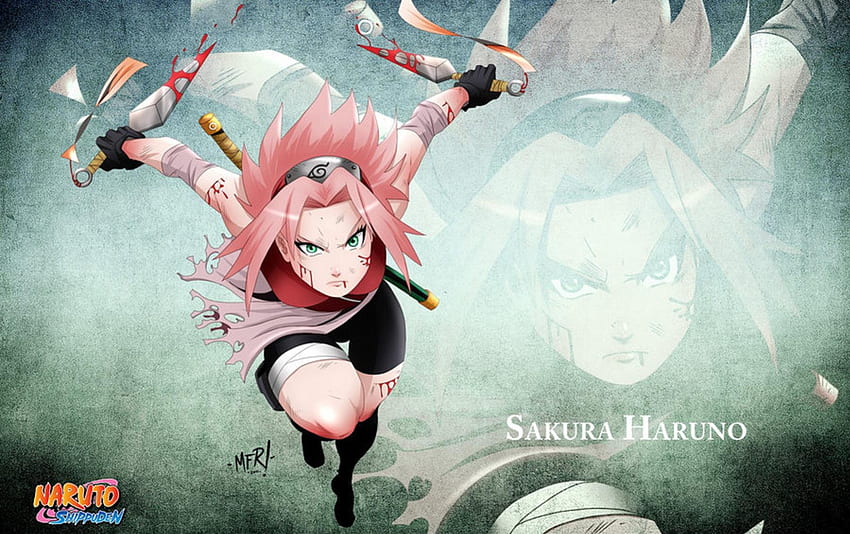 Sakura Haruno, ikat kepala, kunai, ninja, haruno sakura, shinobi, darah, perempuan, pedang, gadis, rambut merah muda, senjata, naruto shippuuden, anime, sakura, kunoichi, latar belakang hijau, mata hijau Wallpaper HD