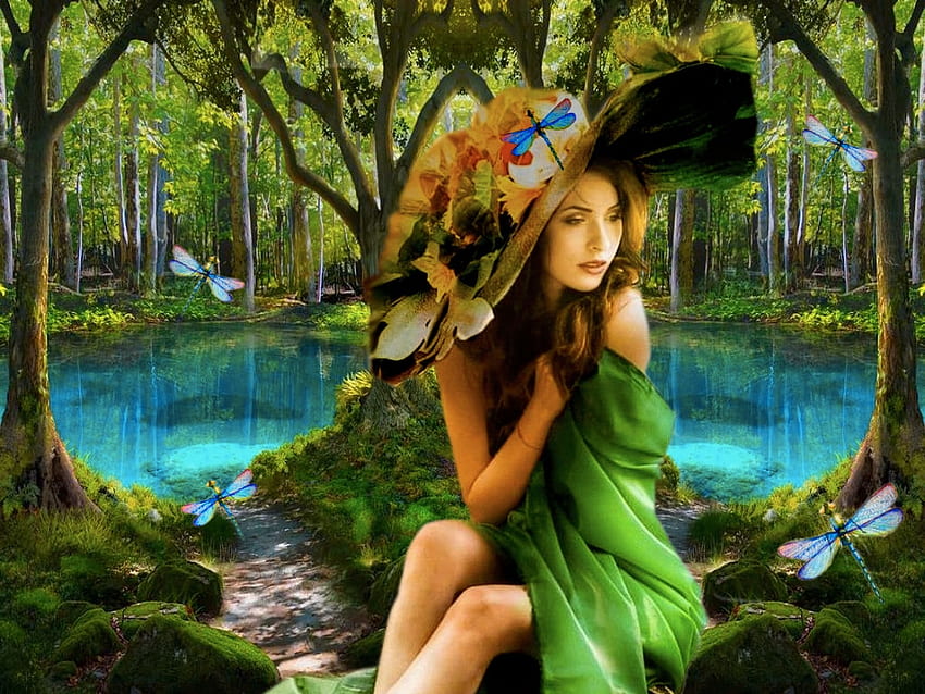 Delicate Green, forest, lake, hat, colorful, blue, black, vibrant, girl, vivid, green, bright, trees, bold, dragon flies HD wallpaper