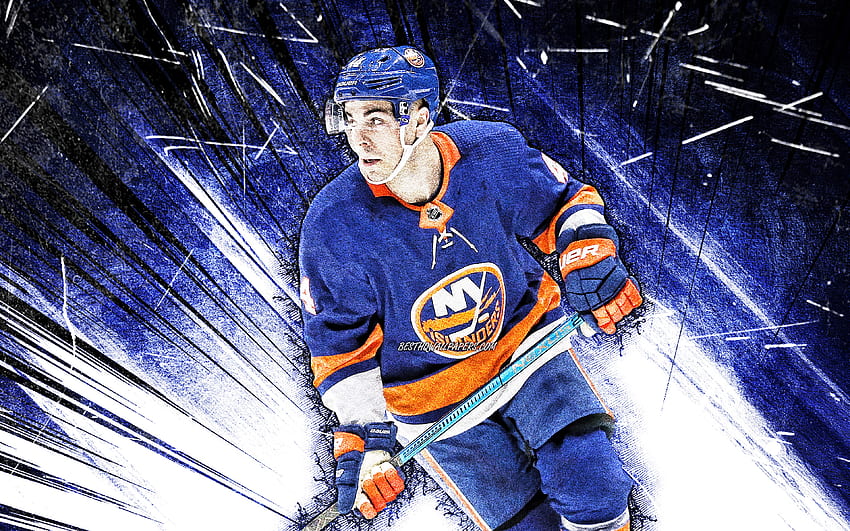 Jean-Gabriel Pageau, гръндж изкуство, NHL, New York Islanders, хокейни звезди, хокей, сини абстрактни лъчи, NY Islanders, хокеисти, Jean-Gabriel Pageau New York Islanders, Jean-Gabriel Pageau HD тапет