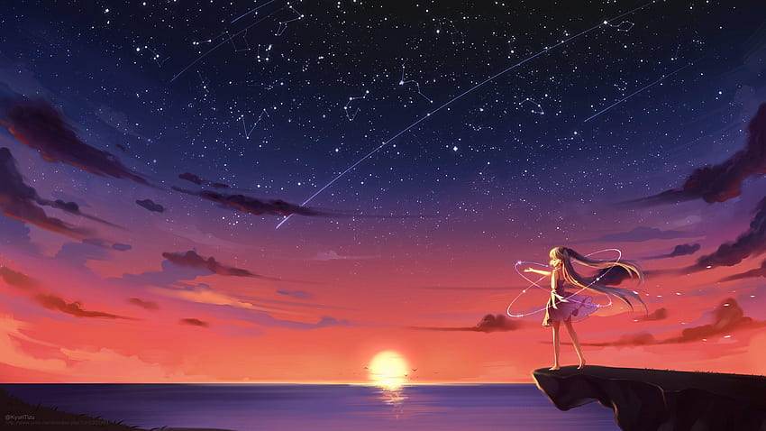 Scenery Sunset Anime, Sunset Stars HD wallpaper