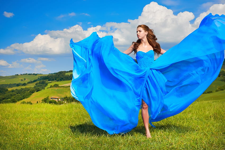 Green Hills, hills, grass, country, beauty, wind, homes, blue dress, clouds, women, sky HD wallpaper