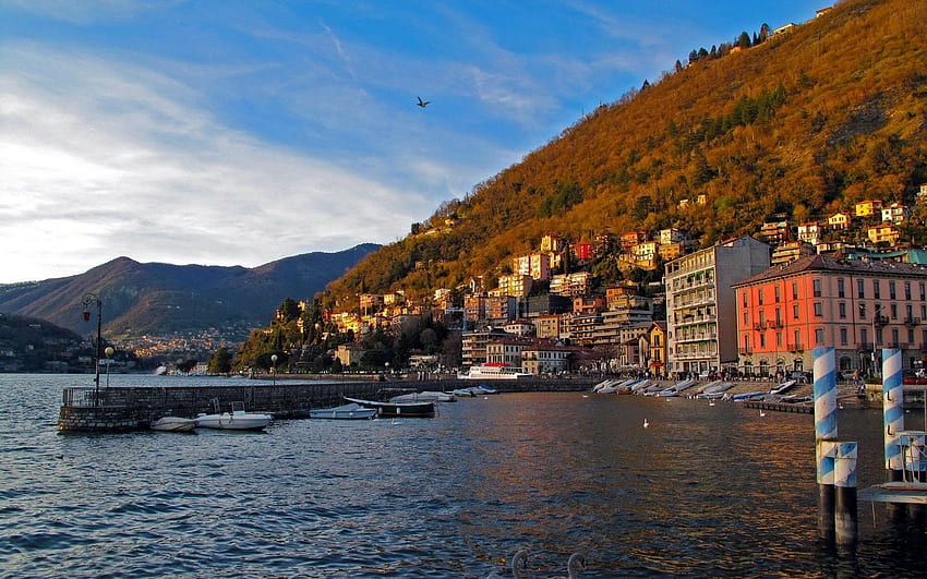 Städte, Wasser, Häuser, Himmel, Gebirge, Meer, Italien, Kai, Liegeplatz, Böschung, Kai, Lombardei, Como HD-Hintergrundbild