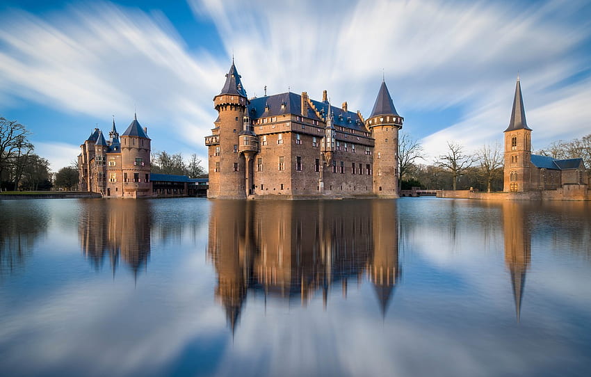 o céu, nuvens, a cidade, reflexão, rio, castelo, Holanda, De Haar, Utrecht para, seção город, Castelo holandês papel de parede HD