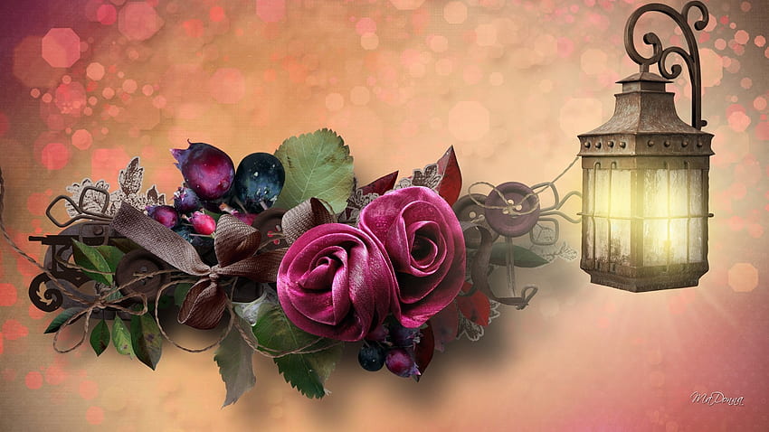 Berries Roses Bows Light Buttons Lamp Fall Floral Leaves Autumn Flowers Riabbon Japanese Flower - HD wallpaper