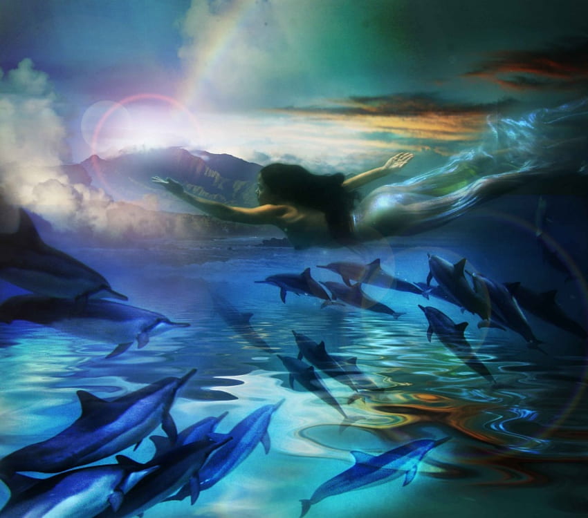 Ocean Lady, blue, dolphins, lady, ocean HD wallpaper