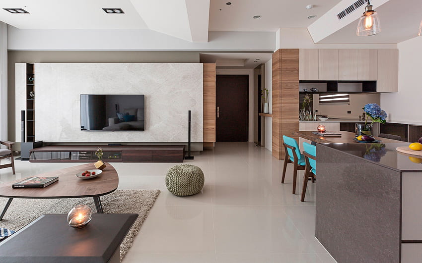şık daire iç tasarımı, modern tarz, oturma odası, mutfak, yemek odası, modern tarzda oturma odası fikri HD duvar kağıdı