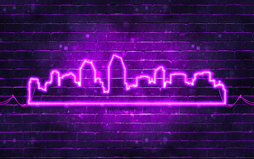 San Diego violet neon silhouette, , violet neon lights, San Diego skyline silhouette, violet brickwall, american cities, neon skyline silhouettes, USA, San Diego silhouette, San Diego HD wallpaper