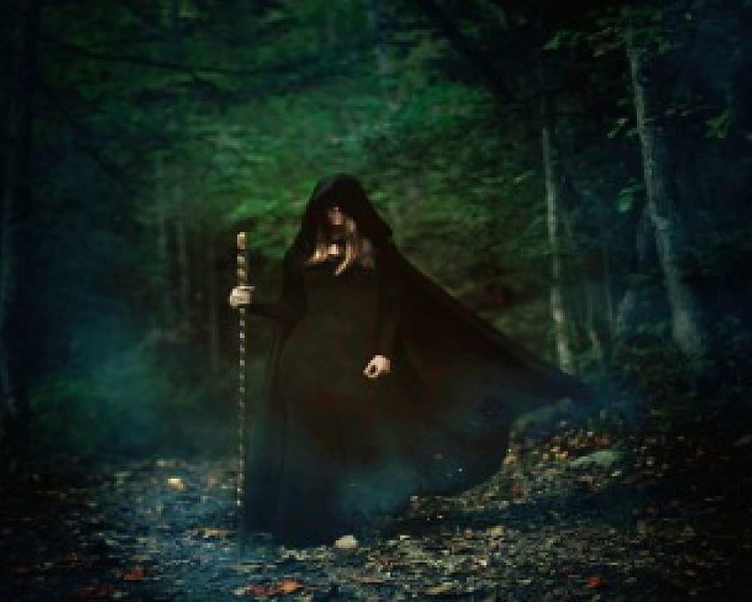 Witch In The Woods, staff, woods, cape, witch HD wallpaper