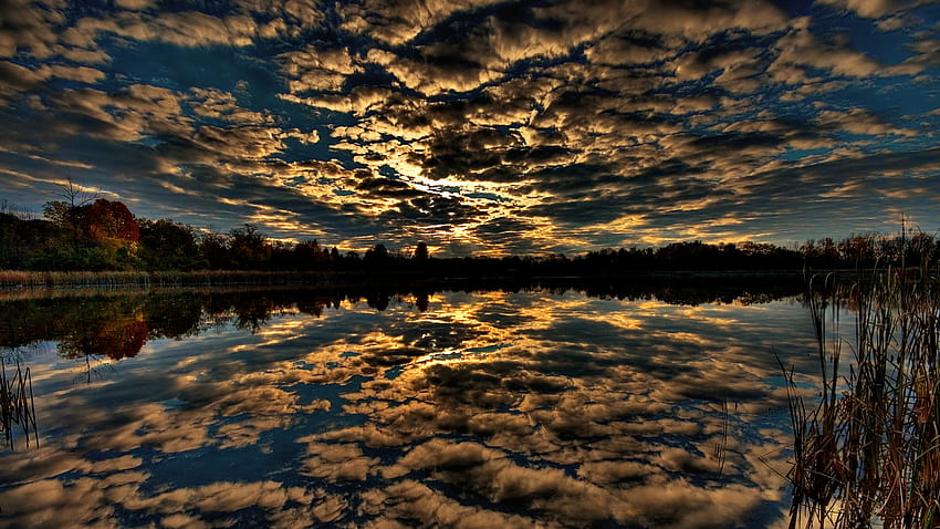 Clouds in the sky and the lake, night, river, awesome, reflections, sunrise, nice, scenery, 1920x1080, miorror, magic night, amazing, water, calm, silhouette, sunset, scene, landscape, beautiful, border, lake, shadows, cool, clouds, nature, sky, forest, evening HD wallpaper