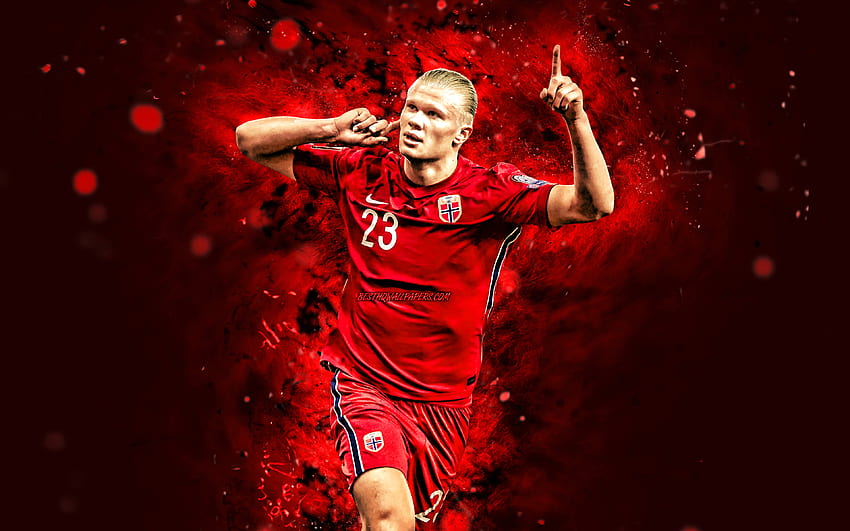 Erling Haaland, 2021, kırmızı neon ışıklar, Norveç Milli Takımı, futbol, ​​futbolcular, Erling Braut Haaland, Norveç futbol takımı Erling Haaland HD duvar kağıdı
