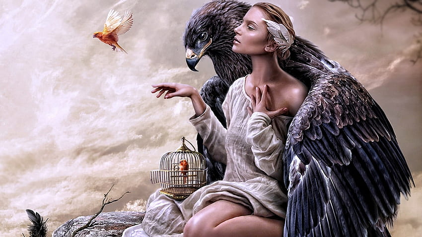 Fantasy girl, frumusete, art, eagle, bird, fantasy, girl, cage, wings, luminos, pasari HD wallpaper