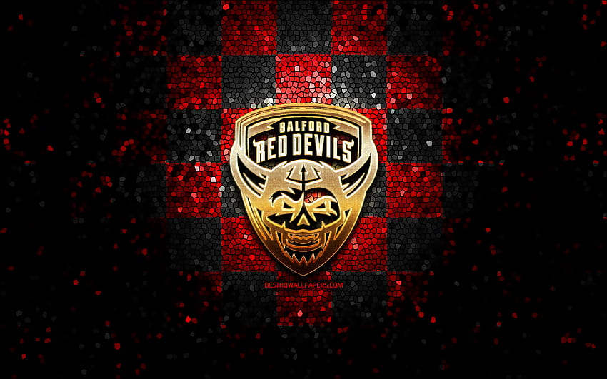 Salford Red Devils, glitter logo, SLE, red black checkered background, rugby, english rugby club, Salford Red Devils logo, mosaic art HD wallpaper