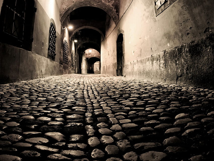 자연 : 돌 포장 오래된 거리 야간 조명 HD 월페이퍼