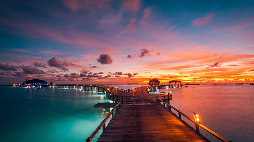 Maldives, Sunrise, Republic, Nature, South, Ocean, Island, Sky, Clouds, Vacation, Sunset, Asia, Sea, Water, Colors, Resort, Holiday, Shore, Break, Beach, Indian, Pier HD wallpaper