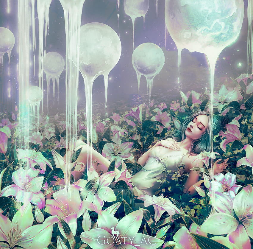 Sleeping Beauty, sleep, lily, art, girl, summer, fantasy, field, flower, aleksandra cabel, lilac, vara HD wallpaper