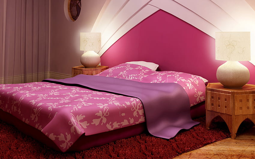インテリア ベッドルーム、エレガント、部屋の装飾、ピンク、ベッドルーム、高級、家、家 高画質の壁紙