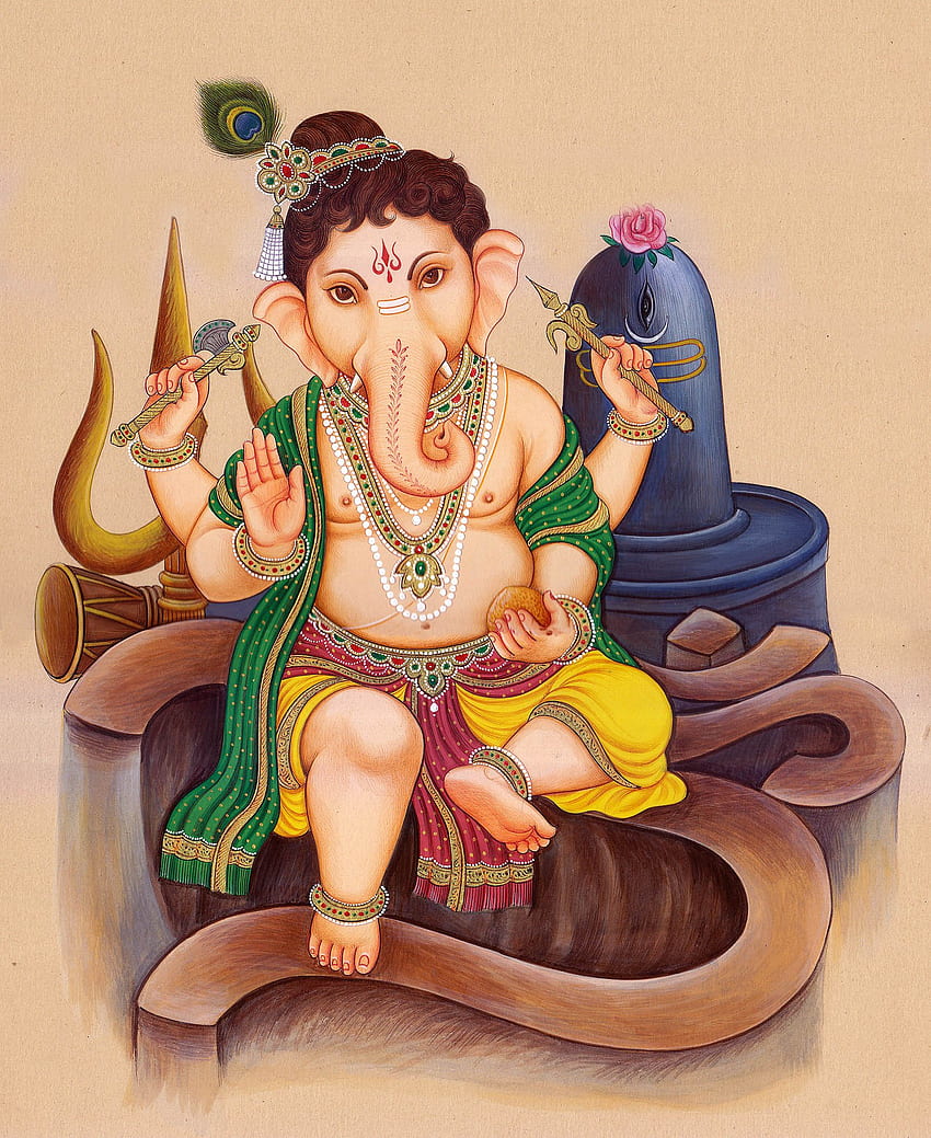 Dziecko Ganesh zainstalowane na świętej sylabie AUM, Baby Ganesha Tapeta na telefon HD