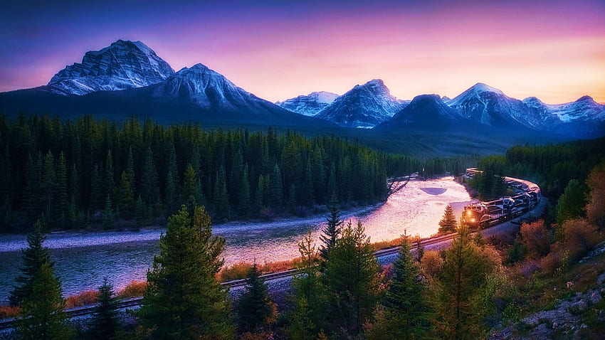 Bow River, Alberta, rockies, valley, colors, banff, landscape, sky, canada, sunset, mountains HD wallpaper