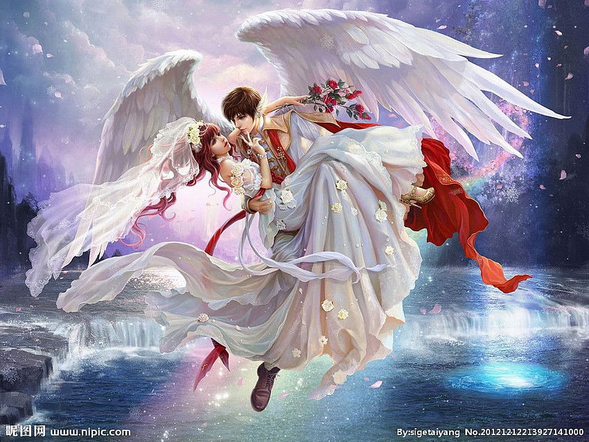 Angel and demon, manga, anime, couple, love, HD wallpaper