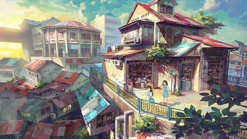 อาคารอะนิเมะ, ฤดูร้อน, เด็กผู้หญิง, เมฆ, งานศิลปะ, พระอาทิตย์ตก - ทิวทัศน์ Anime For วอลล์เปเปอร์ HD