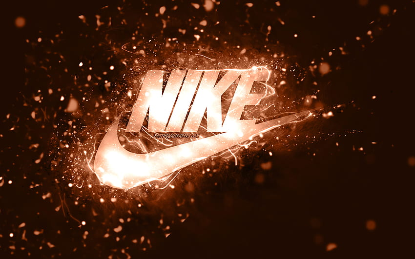 Logo coklat Nike,, lampu neon coklat, kreatif, latar belakang abstrak coklat, logo Nike, merek fesyen, Nike Wallpaper HD