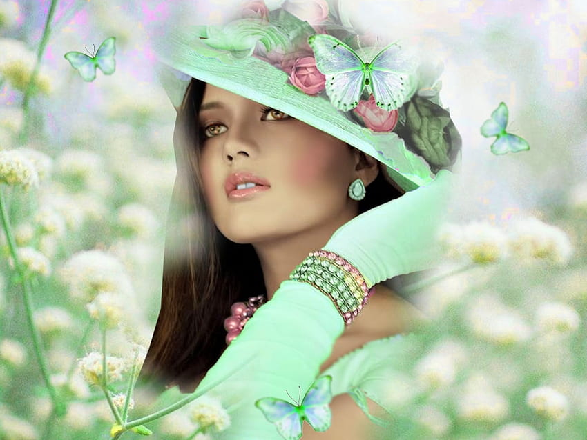 Menta delicata, verde, morbido, fiori, ragazza, verde menta, blu, bianco, bellissimo, farfalle, delicato, adorabile Sfondo HD