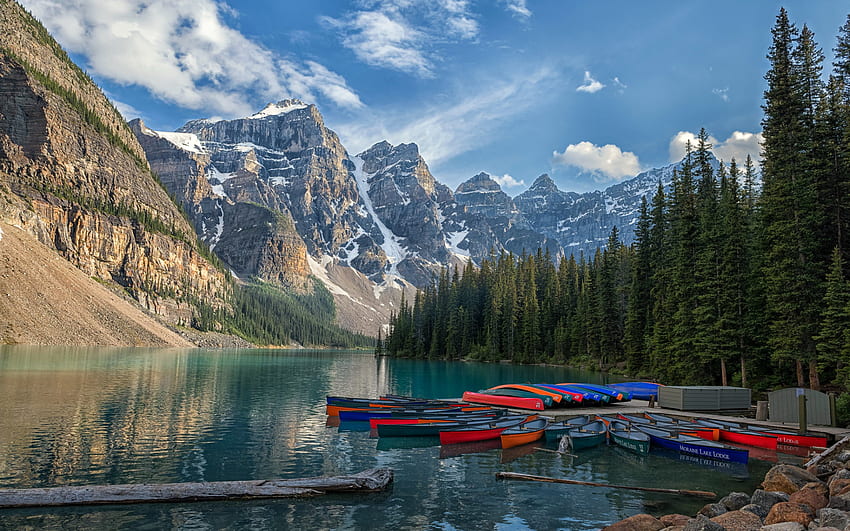Moraine Lake, morning, glacial lake, forest, boats, mountain landscape, Banff National Park, Canada HD wallpaper