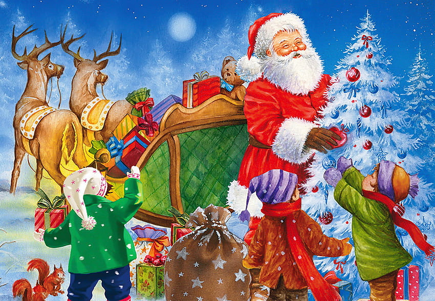 Santa delivers presents, winter, frost, fun, kids, delivery, tree, sleigh, reindeers, presents, Santa, christmas, joy HD wallpaper