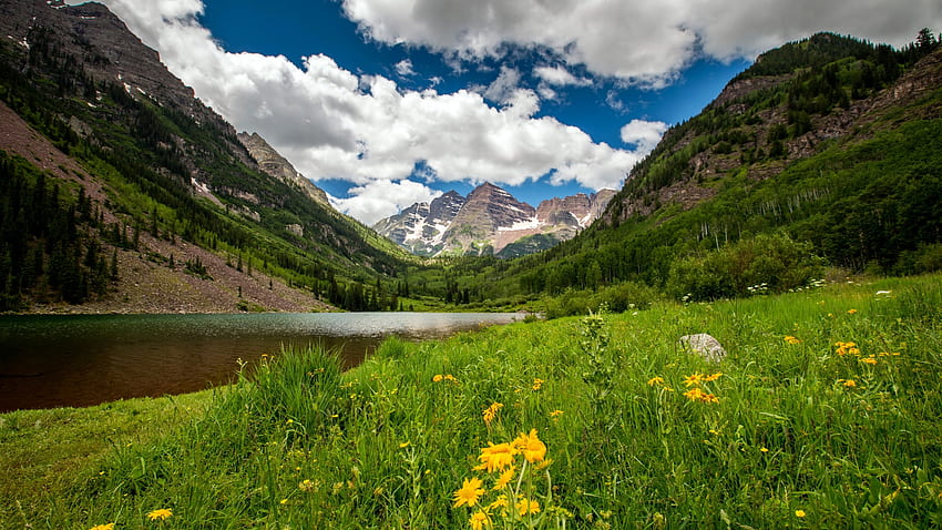 Little Ruby Lake, Rocky Mountains, Colorado, wildflowers, clouds, landscape, meadow, flowers, sky, mountains, usa HD wallpaper