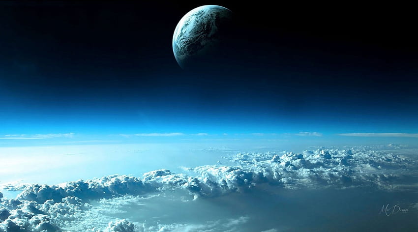Above the Clouds, blue, moon, clouds, space, sky HD wallpaper