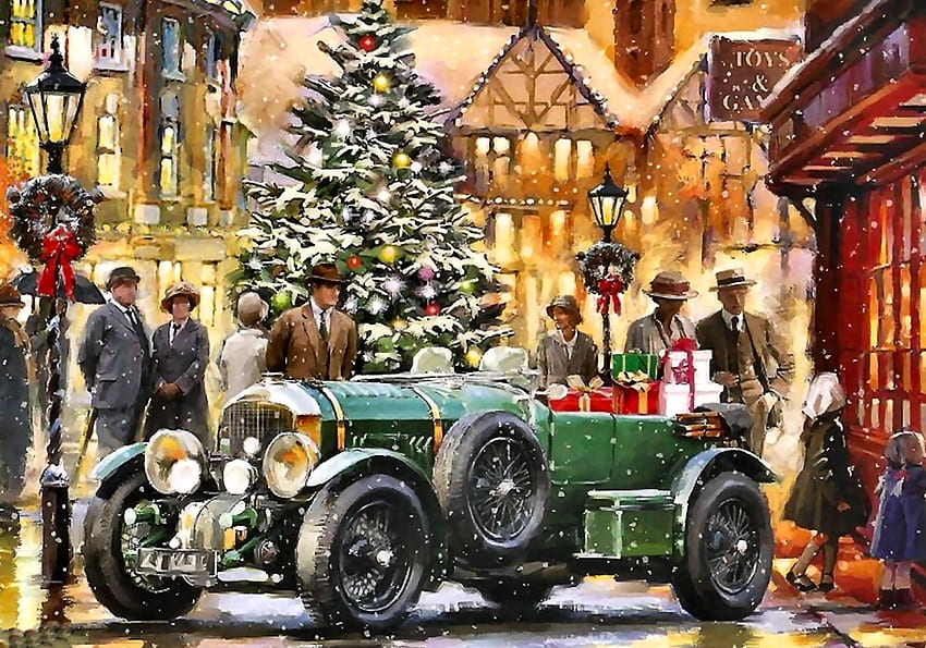Christmas Shopping in Style F1, winter, December, art, beautiful, illustration, tree, artwork, scenery, occasion, wide screen, holiday, painting, Christmas, snow HD wallpaper