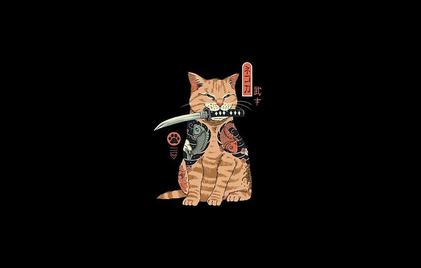 minimalismo, katana, gato, samurai, ninja, arte digital, obra de arte, fundo preto, arte da fantasia, fundo simples, punhal para, seção Ð¼Ð¸Ð½Ð¸Ð¼Ð°Ð»Ð¸Ð·Ð¼, The Battle Cats papel de parede HD