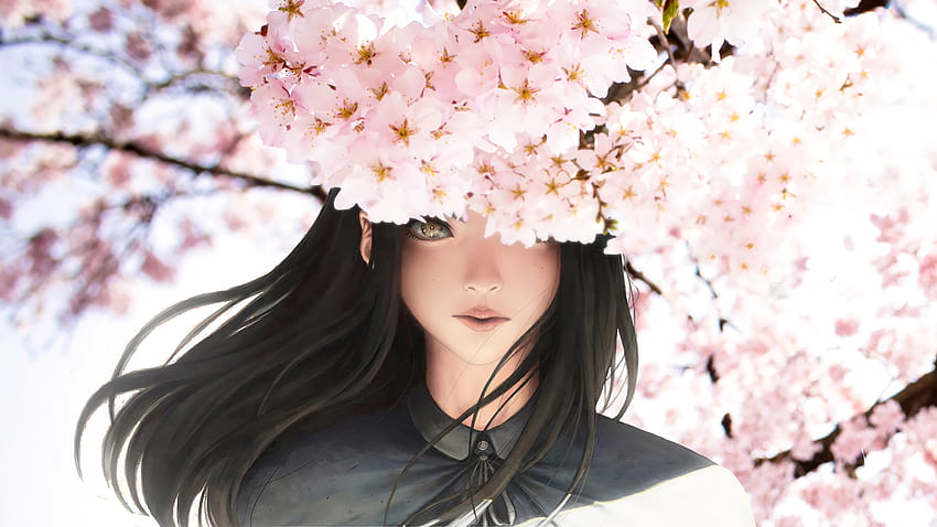 Dziewczyna z anime, oryginał, kwiat wiśni, sakura Tapeta HD