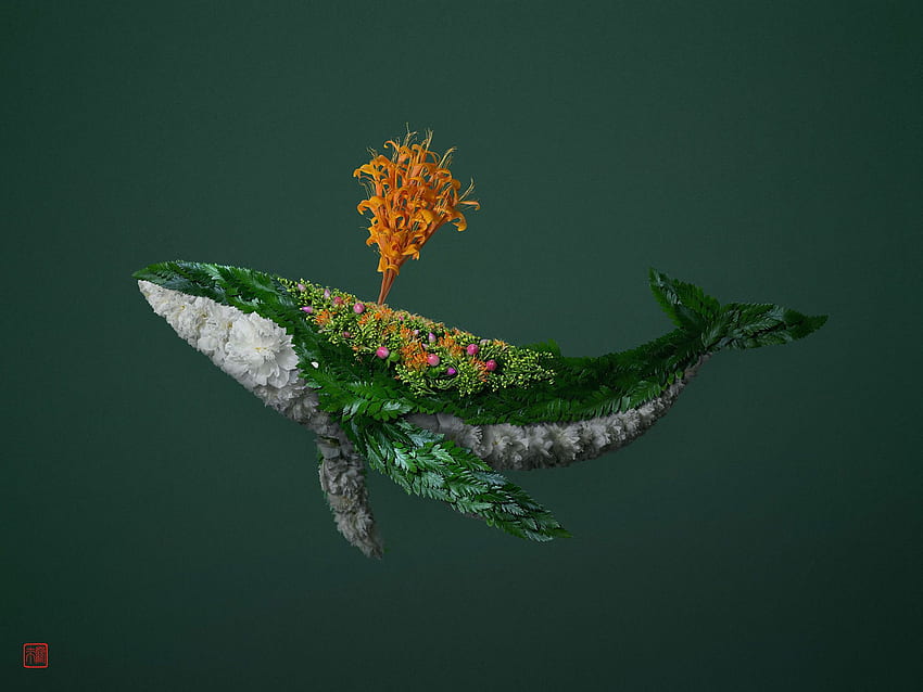 Las composiciones florales y frondosas dan forma a la vida silvestre enérgica por Raku Inoue. Colosal fondo de pantalla
