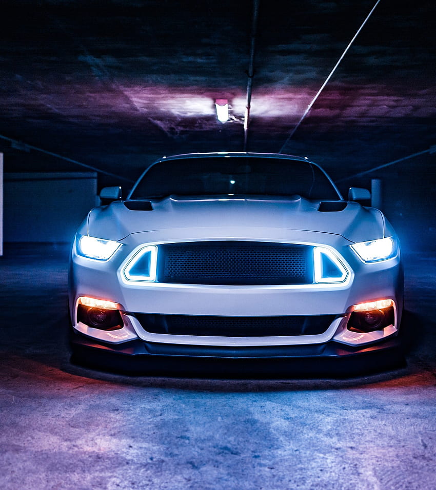 Ford Mustang, Front View, Garage, Neon Lights, Muscle Cars, 1920 X 2160 Car HD phone wallpaper