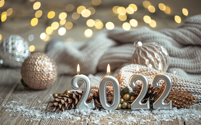 Happy New Year!, knitting, new year, wooden, pine cones, 2022, candles HD wallpaper
