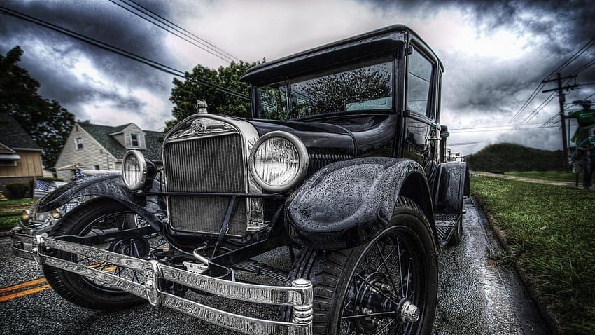 rain on a vintage ford r, buggy, car, street, clouds, r, vintage HD wallpaper