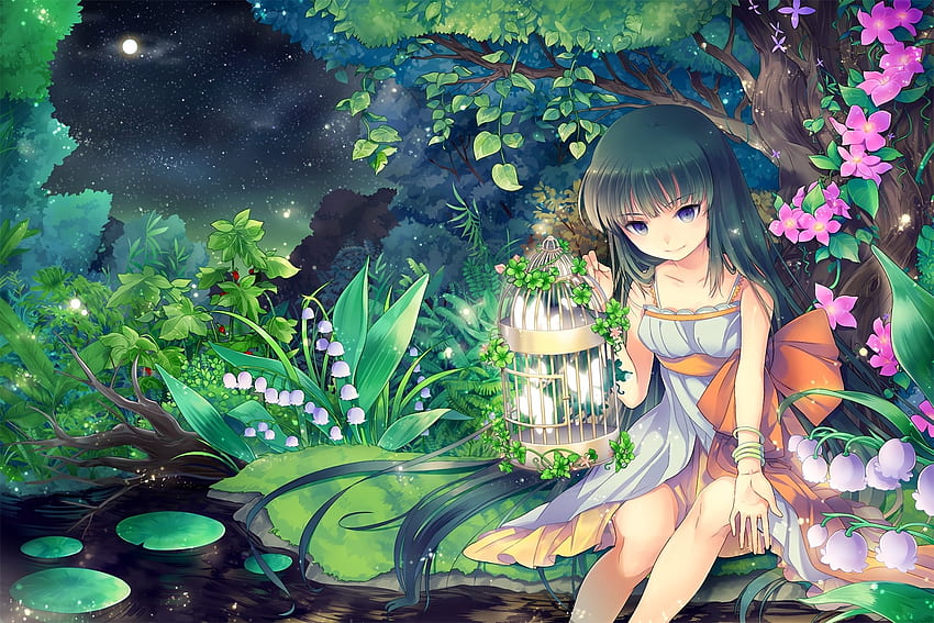 Anime - Ragazza Anime Occhi viola Primavera Stagno Fiore Albero Gabbia per uccelli Notte Luna Sfondo HD