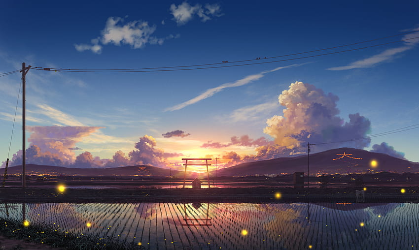 Peternakan, lanskap, desa, matahari terbenam, anime Wallpaper HD