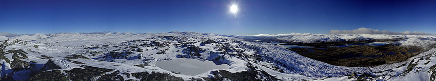 Clear skies over Aursjøfjellet, Norway - composite panorama, 11520 X 2160 Blue HD wallpaper