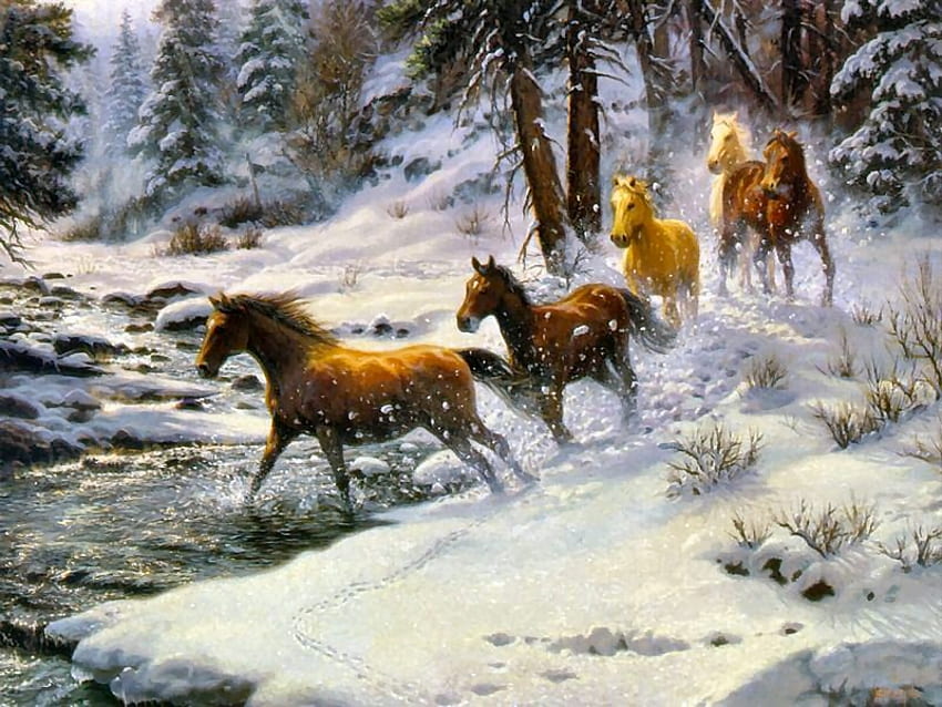 зимно бягане, зима, коне, рекичка, снежинки, сняг, дървета, бягане HD тапет