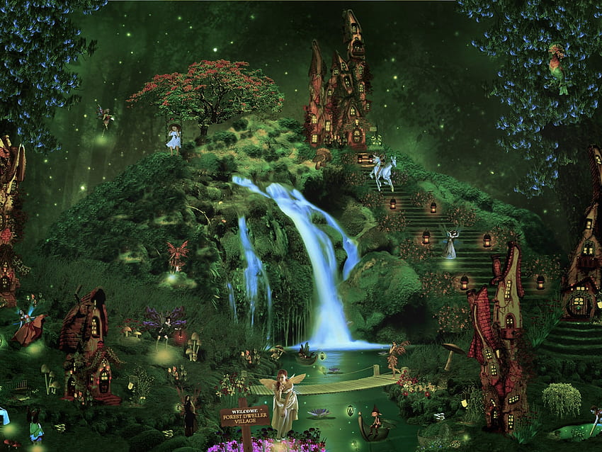 Fairies, fairy, summer, fantasy, green, waterfall, luminos, forest HD wallpaper