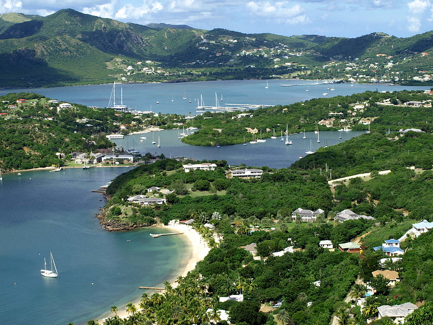 Antigua and Barbuda, island, white, sand, hills, coastline, caribbean, houses, beach, boats, homes, water HD wallpaper