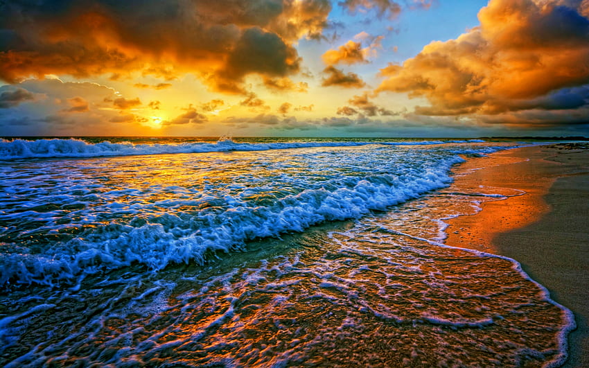 Sunset, sea, R, coast, summer, waves, beautiful nature, travel ...