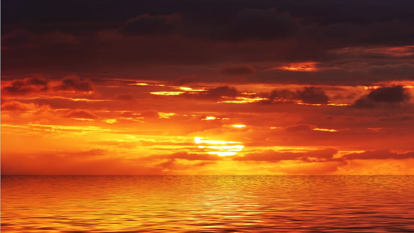 Warm Sunset, glow, orange, yellow, clouds, nature, sky, water, sun, sunset, ocean HD wallpaper