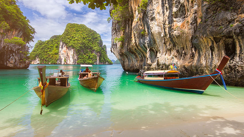 Thailand Krabi Cliff Nature Tropics Bay Boats Wallpaper HD