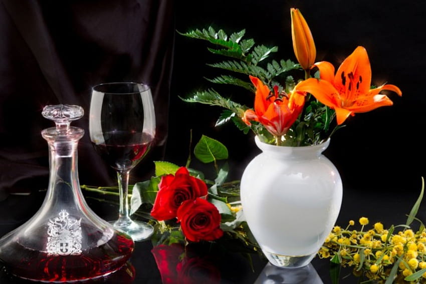 Still life, bouquet, glass of wine, vase, yellow, red, glass, red roses, flowers, romantic, wine HD wallpaper