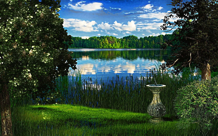 Latar belakang, tanaman hijau, fantasi, danau Wallpaper HD