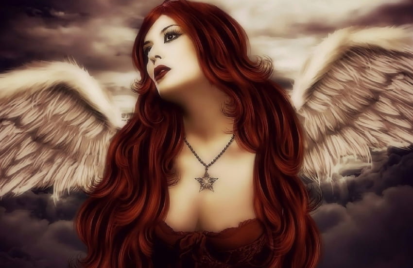 ~Redhead Angelic~, skrzydła, emocjonalne, dziwne rzeczy, które ludzie noszą, sztuka cyfrowa, anioły, kreatywne gotowe, miłość cztery pory roku, fantasy, manipulacja, dziewczyny, rude, modele Tapeta HD