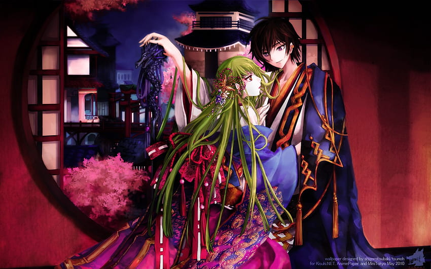 Lelouch & CC, japanese clothes, lelouch lamperouge, code geass, cc, green hair HD wallpaper